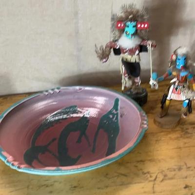 Kachinas (2) And Large Signed Bowl 