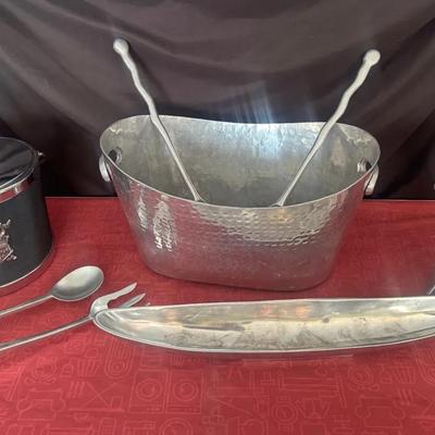 A Silver Affair (Metal Ice Bucket, Hors D’oeuvre Server, Salad Tongs (2), And A Wine Chiller)