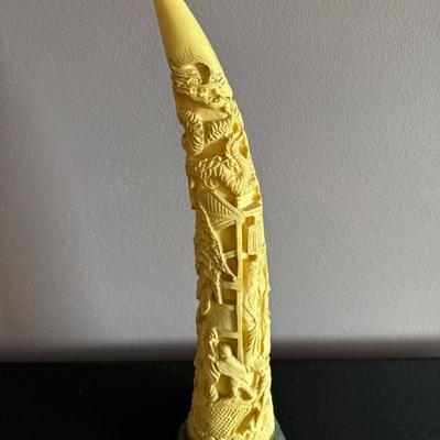 Carved Faux Ivory Resin Tusk – Asian Dragon & Pagoda Scene, 17" Tall	