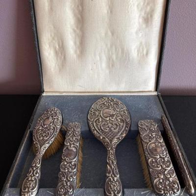 Antique Silver-Plated Vanity Brush & Mirror Set in Original Case	