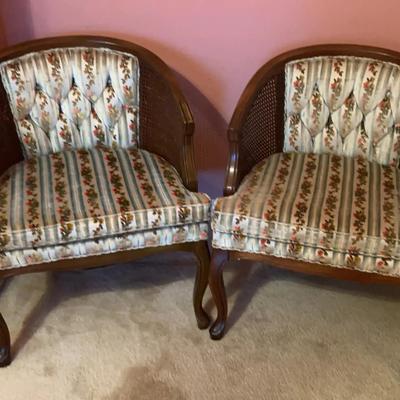 Pair of Caned Upholstered Accent Chairs