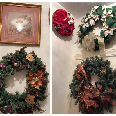 Christmas Wreaths and Framed Santa Picture