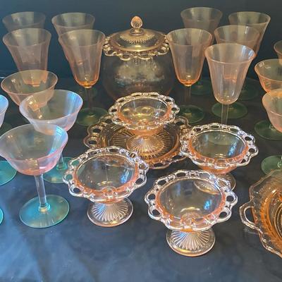 Vintage Pink Depression Glass Collection with Sherbets, Wine Glasses, and Matching Serveware