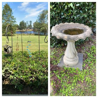 Stone Birdbath, Shepherd’s Hooks, Bird Feeder & Butterfly Wind Chimes