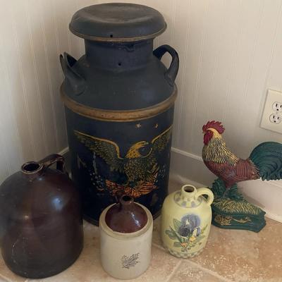 Vintage Milk Can, Ceramic Jugs & Cast-Iron Rooster Decor