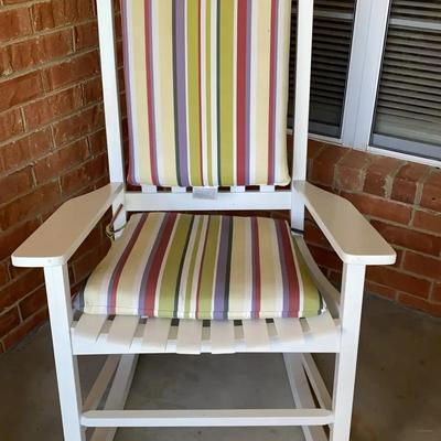 White Wooden Rocking Chair with Plow & Hearth Cushions