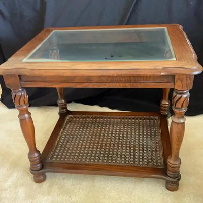 Solid Wood Side Table with Glass Top and Caned Shelf