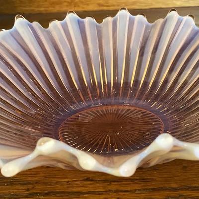 Opalescent Lavender Glass Ruffled Bowl