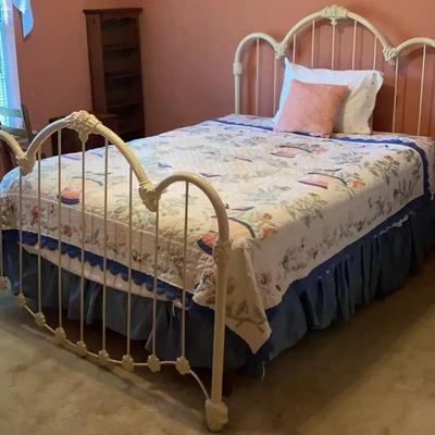 Vintage White Metal Bed Frame with Linens and Mattress Set