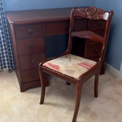 Vintage Wooden Desk with Brass Pulls and Upholstered Chair