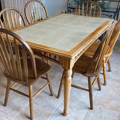 Wooden and Tile-Top Dining Table with Six Chairs