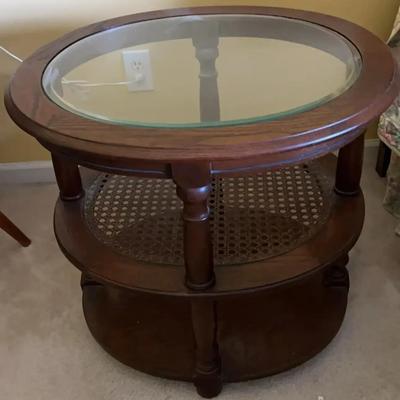 Round Wooden Nightstand with Glass Top and Cane Detailing