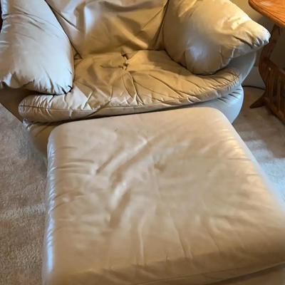 Cream Leather-Like Chair with Matching Ottoman