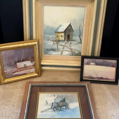 Signed Painting with Winter Landscape Prints