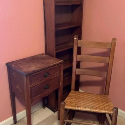 Solid Wood Shelf, Ladder-Back Rocking Chair & Sewing Cabinet