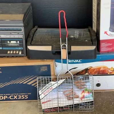 Appliances and Electronics Featuring Rival Roaster Oven, Sony CD Player, and Crux Smokeless Grill