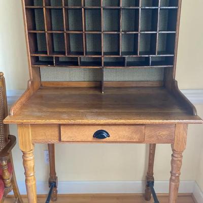 Vintage Oak Sorting Desk with Wire-Back Organizer