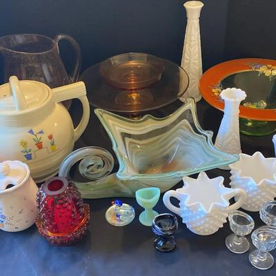 Vintage Glass and Ceramic Collection Featuring Milk Glass, Art Glass, and Pottery
