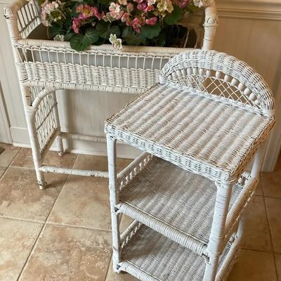 Antique Wicker Flower Stand & Matching Side Table
