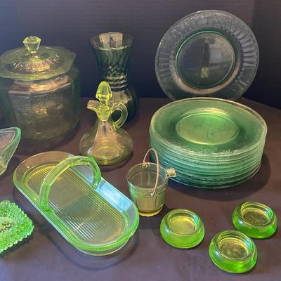 Vintage Green Depression Glass Collection Featuring Plates, Covered Bowl, and Serveware
