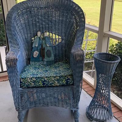Blue Wicker Rocker With Matching Plant Stand & Wooden Angel Décor