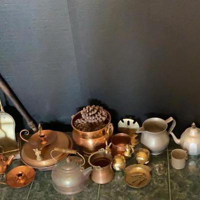 Brass Fireplace Tool Set with Copper & Pewter Decorative Collection