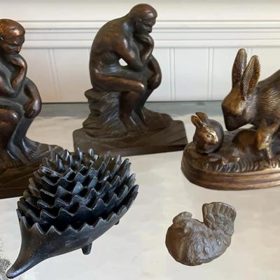 Vintage Metal Figurines Featuring Thinking Man Bookends & Bunny Sculpture