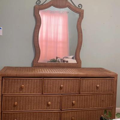 Wicker-Style Seven Drawer Dresser With Mirror