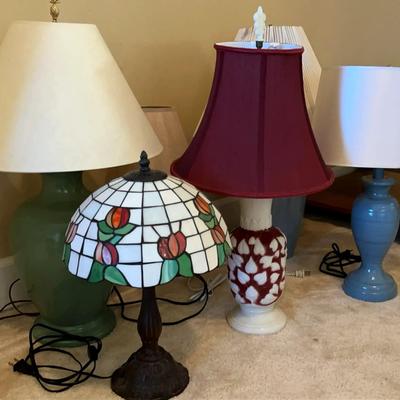 Six Lamps Featuring Milk Glass and Tiffany-Style Designs