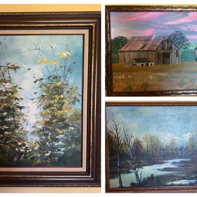 Trio of Framed Oil Paintings – Landscape & Nature Scenes