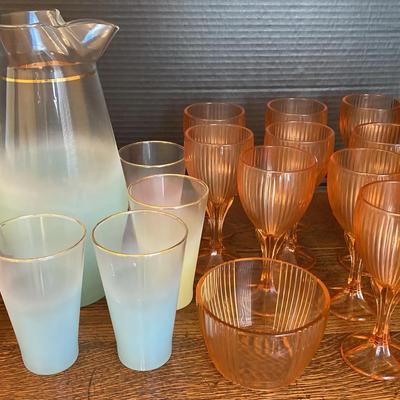 Vintage Frosted Glass Pitcher and Goblet Set with Gold Trim