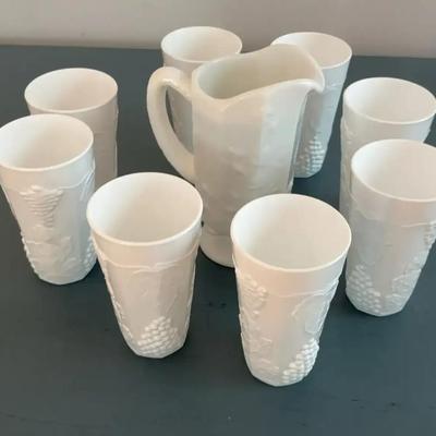 Indiana Milk Glass "Harvest Grape" Pitcher & Glasses