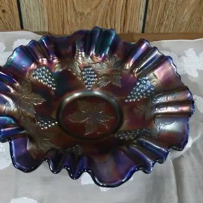 Fenton Cobalt Carnival Glass Grape-and-Leaves Ruffled Bowl