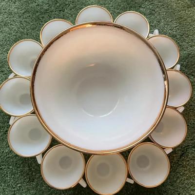 22k Gold Gilt-Rimmed Anchor Hocking Milk Glass “Sandwich” Punch Bowl Set