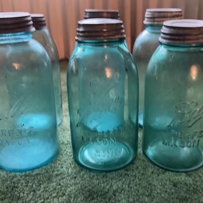 Six Antique Half Gallon Regular Mouth Blue Ball Jars