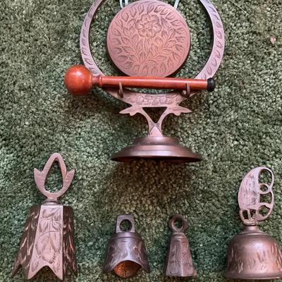 Four Hand Crafted Leaf Motif Bells And One Small Flower Motif Gong 