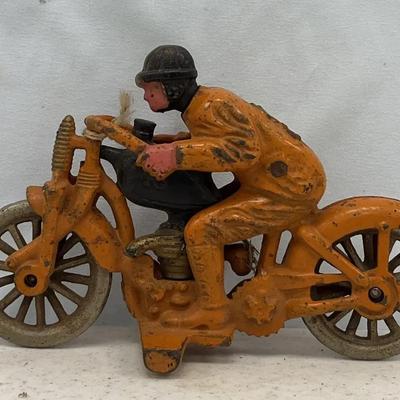 Antique Hubley Orange Hill Climber “#2” Cast Iron Motorcycle & Rider