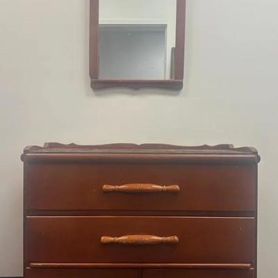 Vintage Glass Top Dresser with Hanging Mirror