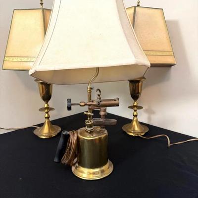 Vintage Brass Lamps And Blow Torch Lamp 