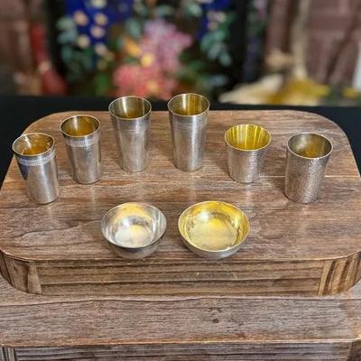 Japanese Solid Silver Sake or Cordial Set, 銀製 Marked, Nishino & Kōsei Workshops, c. 1940s–1950s – 8 