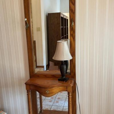 Wooden Hall Tree With Mirror And Lamp