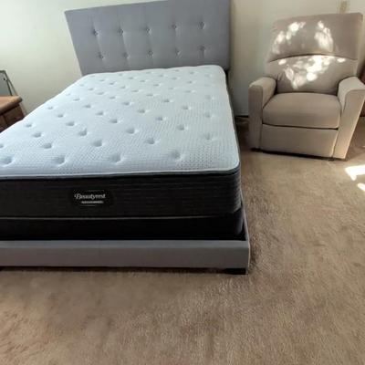 Beautyrest Queen Mattress W/ Upholstered Gray Headboard & Bedframe & Beige Recliner Rocking Chair