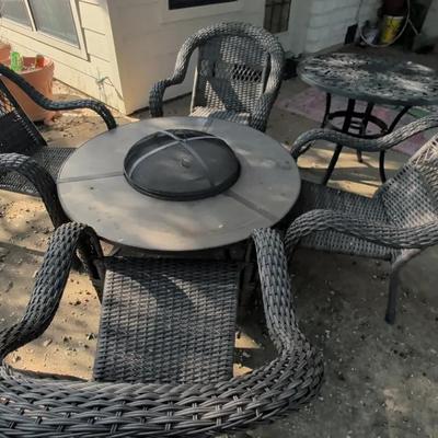 Fire Pit Table, 4 Rattan Chairs & Metal Table