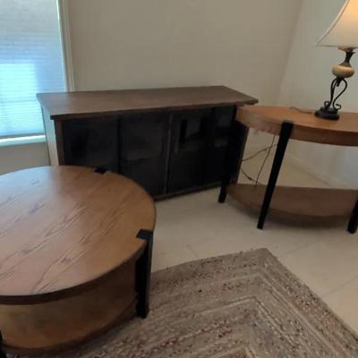 Wood & Metal Entertainment Credenza, Entry & Coffee Tables & Lamp