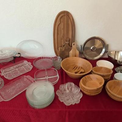 Assorted Glass, Wood & Metal Serving Pieces