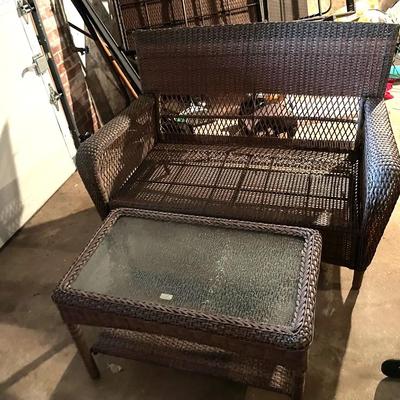 Three Piece Wicker Love Seat, Chair And Coffee Table