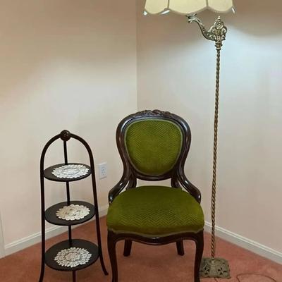 Antique 3 Tier Cake Stand, Victorian Parlor Chair, and Floor Lamp with Ornate Metal Stand