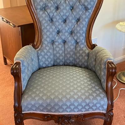 Victorian Style Carved Wood Upholstered Armchair