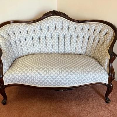 Victorian Style Carved Wood Settee with Tufted Upholstery