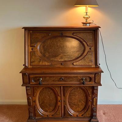 Antique Burlwood Secretary Desk with Brass Candlestick Lamp (See Comments)